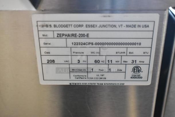 Brand new Blodgett Zephaire-200-E convection oven label, 208V, 3 phase, ETL certified, serial 122324CPS-00000000000000000010.