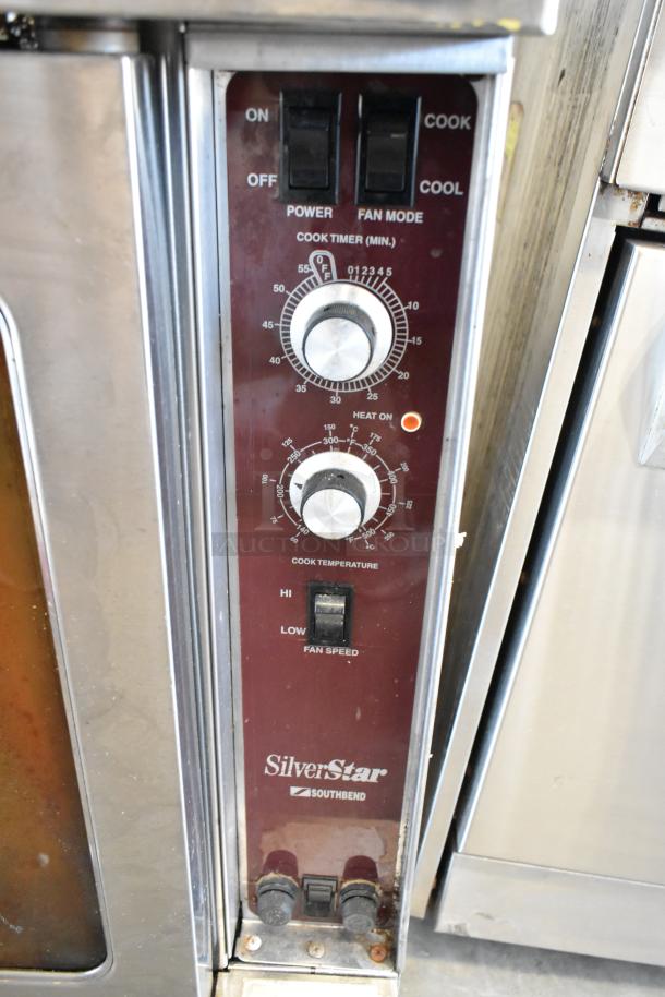 Southbend SilverStar convection oven control panel, showing power, fan mode, timer, temp controls. Silver door visible.