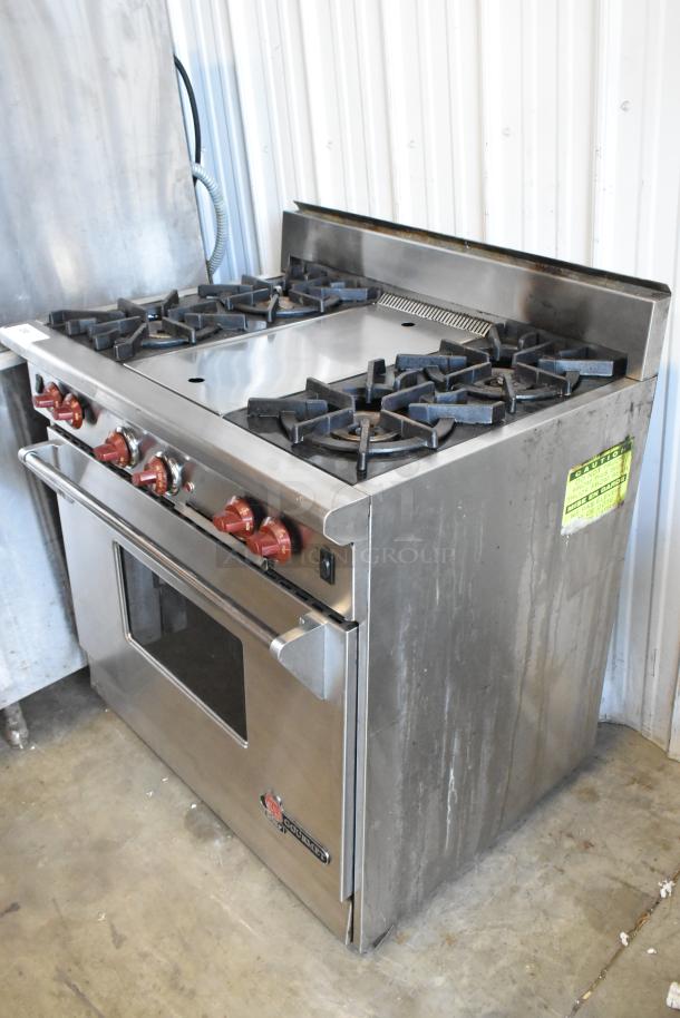 Wolf Gourmet stainless steel 4-burner commercial gas range with center flat top and convection oven. Used condition.