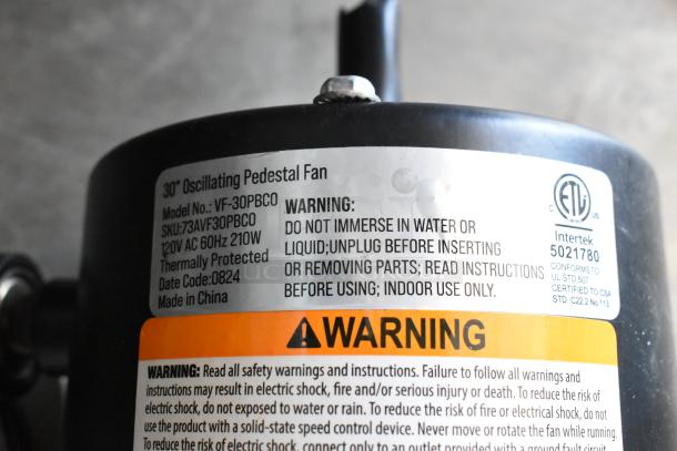 BRAND NEW Boltic VF-30PBCO 30" 3-Speed Oscillating Pedestal Fan label. Model: VF-30PBCO. 120V, 1 Phase. Scratch and dent.