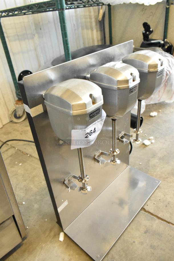 Waring DMC201DCA stainless steel 3-head drink mixer, 120V, 1 phase. Auction tag "264" visible.