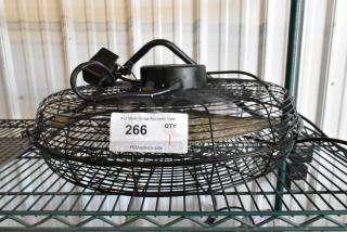 Lasko H20060 metal fan, 120 volts, 1 phase. Black metal frame, seen on a wire shelf, auction lot number 266 visible.