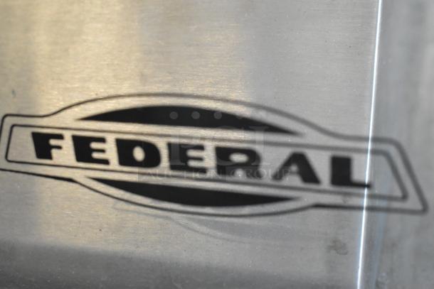 Federal Industries logo on SN4HD metal refrigerated display case, commercial floor style. Uses 120/208-240V, 1 phase.