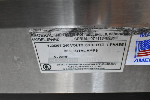 Federal Industries SN4HD refrigerated display case label showing model, voltage, and amps; 120/208-240V, 1 phase, 3-wire.