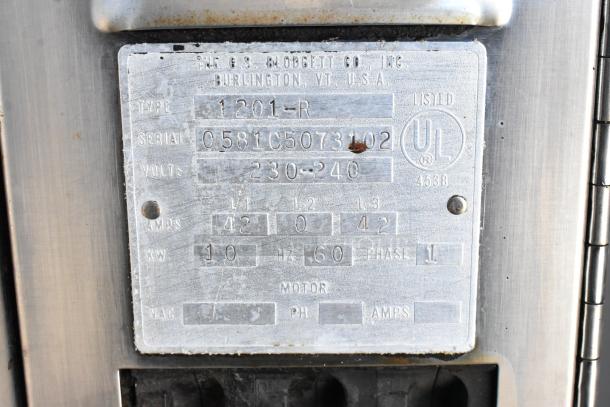 Blodgett 1201-R stainless steel commercial pizza oven label showing model, serial number, 230-240 volts, 1 phase.