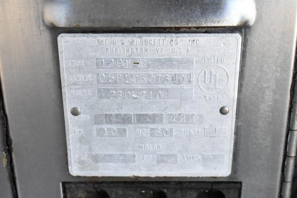 Blodgett 1201-R stainless steel pizza oven label, showing model, serial number, 230-240V, 1 phase, UL listed.