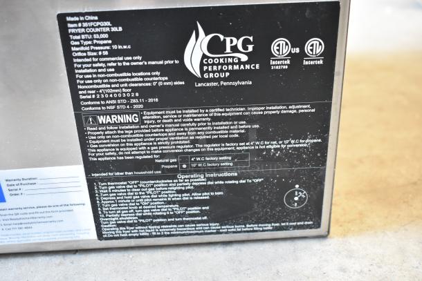 BRAND NEW 2023 CPG 351FCPG30L Stainless Steel Propane Countertop Fryer, 53,000 BTU, 30 lb. Capacity, Lancaster, PA.