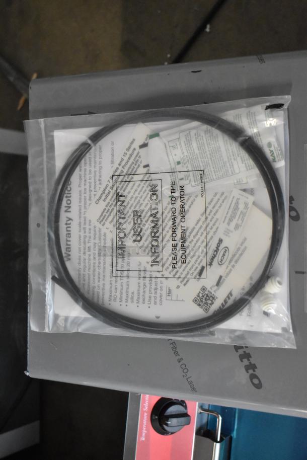 Follett Champion 7 Series Ice Maker and Water Dispenser, model 7CI112A-IW-NF-ST-00, with user information and warranty notice.