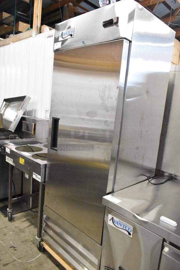 Alt text: Avantco 178A19RHC stainless steel single door reach-in cooler, scratch and dent, with poly-coated racks, on casters.