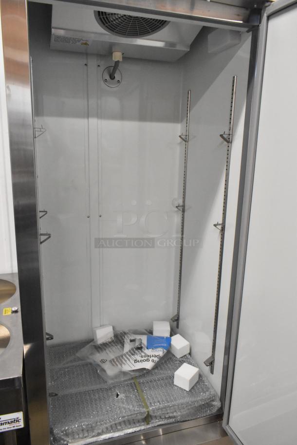 Brand new Avantco 178A19RHC stainless steel single door cooler with poly coated racks, commercial casters, 115V, 1 phase.