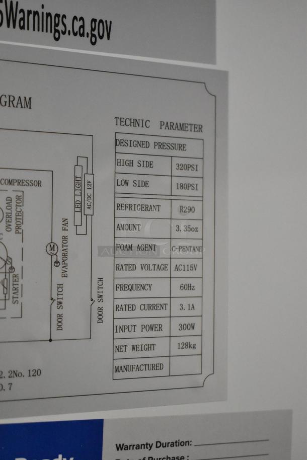 Alt text: Technical specifications label for Avantco 178A19RHC commercial cooler, showing pressure, voltage, refrigerant, and power details.