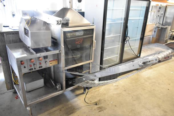 BE&SCO stainless steel commercial floor tortilla press/oven, Model Beta 900, natural gas, 240V, 1 phase; "Caution Hot" label.