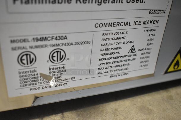 BRAND NEW SCRATCH AND DENT! 2025 Avantco 194MCF430A Stainless Steel Ice Machine, 397 lbs, 115V, 1 Phase, model tag shown.