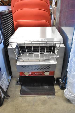 Brand new Avantco 184T140 stainless steel conveyor toaster, 10" wide, 3" opening, 300 slices/hour, 115V, scratch and dent.