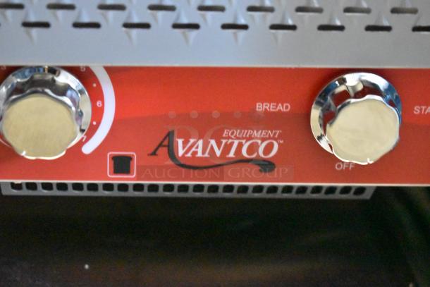Avantco 184T140 stainless steel conveyor toaster, 10" wide, red control panel with knobs, brand logo visible.