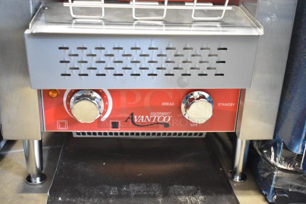 Avantco 184T140 stainless steel conveyor toaster, 10" wide, dual knobs, 3" opening, 300 slices/hour, 115V, new.