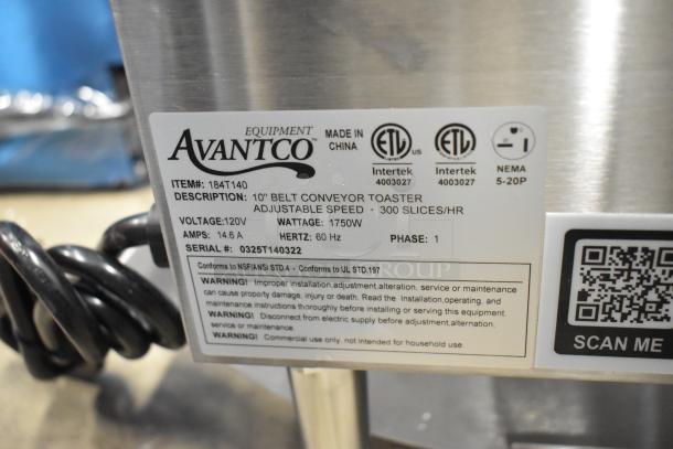 Brand new Avantco 184T140 stainless steel conveyor toaster, 10" wide, 3" opening, 300 slices/hr, 115V, 1 phase.