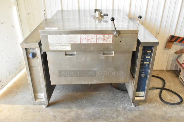 Electrolux stainless steel commercial braising pan, floor style, 208 volts, 3 phase, with visible control panels and labeling.