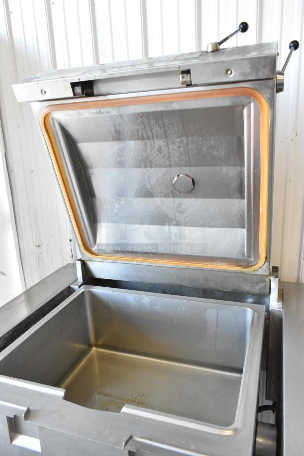 Electrolux stainless steel commercial braising pan, floor style, 208 volts, 3 phase, in good condition with visible controls.
