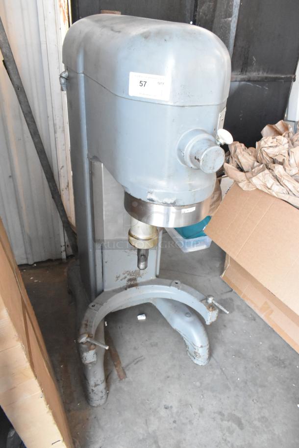 Hobart H-600 commercial 60-quart planetary dough mixer, metal, floor style, 440V, 3-phase, used condition with visible wear.