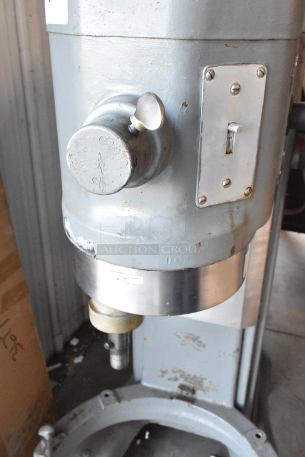 Hobart H-600 commercial dough mixer, 60 quart capacity, metal construction, visible wear, 440V, 3 phase.