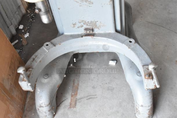 Hobart H-600 commercial dough mixer base, 60-quart capacity, metal, shows wear and paint chipping, 440V, 3 phase.