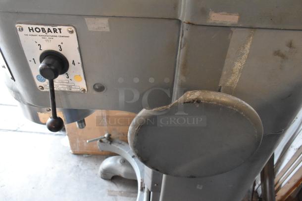 Hobart H-600 60-Quart Commercial Dough Mixer, metal finish, 440V, 3-phase. Features speed control lever, shows wear.
