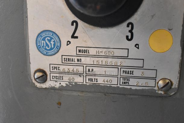 Hobart H-600 dough mixer label showing model, serial number, specs, 440V, 3-phase, 1 HP, NSF certification marking.