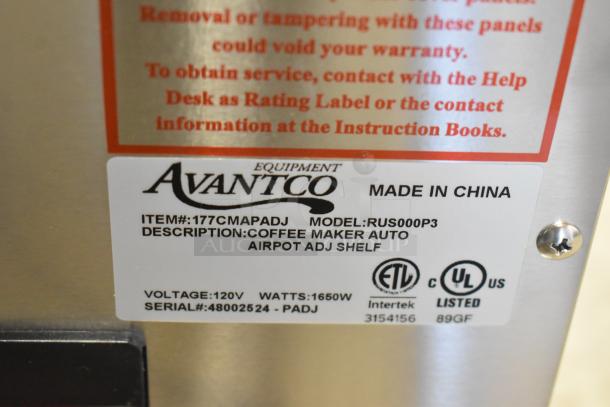 Alt text: Avantco 177CMAPADJ stainless steel coffee machine label, 120V, 1650W, model RUS000P3, ETL and UL listed, made in China.