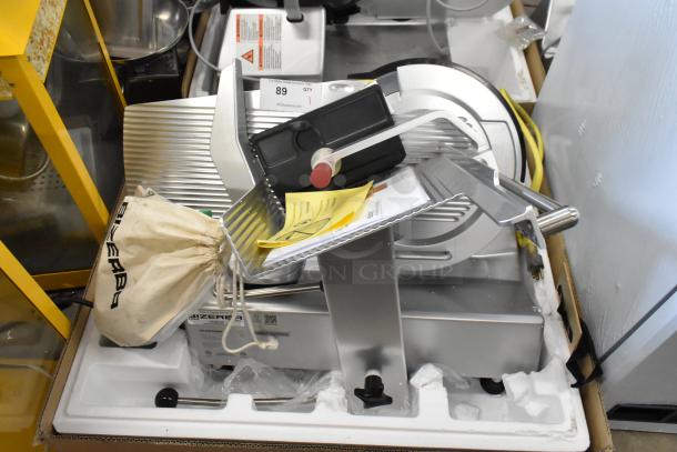 BRAND NEW 2024 Bizerba GSP H metal commercial meat slicer, 120V, 1 Phase, with blade sharpener, packaging intact.