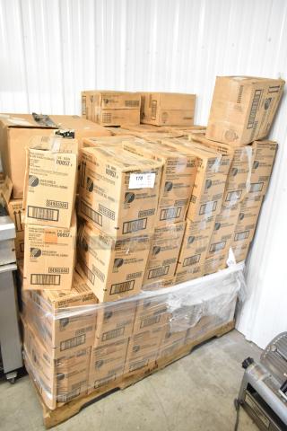 97 boxes of 12 Diversified Chemical Tech Oven Shield bottles on a pallet, unopened, labels showing product details and barcodes.