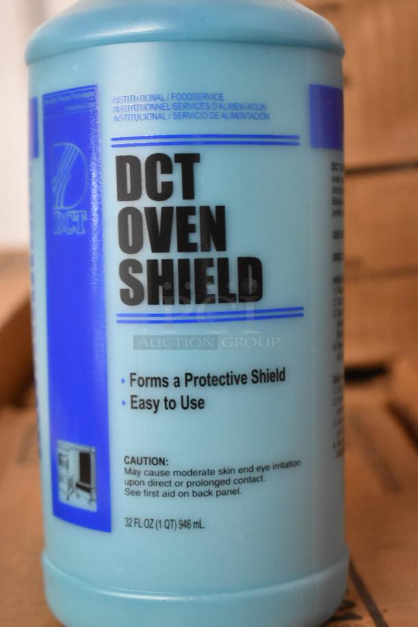 DCT Oven Shield bottle, 32 oz, forms protective shield. Label details usage and safety info. Auction: 97 boxes, 12 bottles each.
