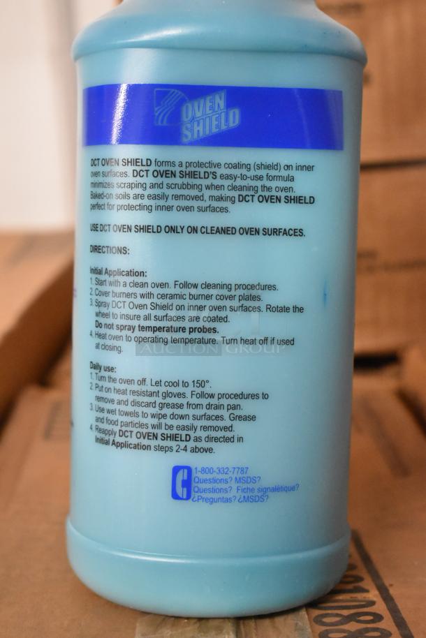 Blue DCT Oven Shield bottle featuring usage instructions and contact info. Suitable for protecting cleaned oven surfaces.