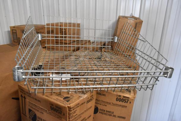Metal wire basket style shelf, grid design, sturdy construction, excellent condition, for storage or display use.