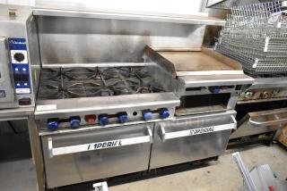 Imperial Stainless Steel 6-Burner Range with Right Side Flat Top Griddle, 2 Ovens, Overshelf, and Backsplash, on Casters.