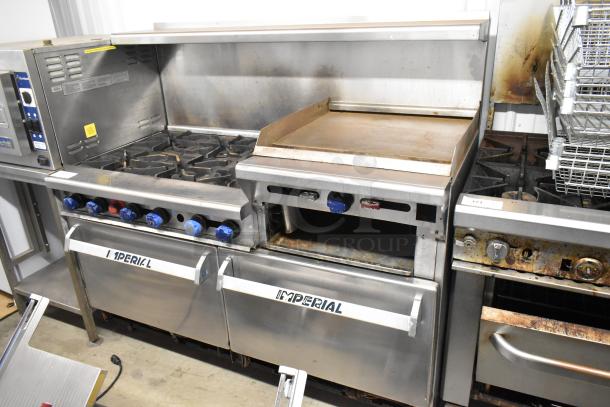Imperial stainless steel commercial range with 6 burners, right side flat top griddle, 2 ovens, overshelf, and backsplash.
