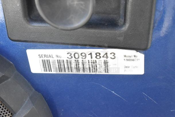 Serial number label on EZ Go blue and white 6-seat golf cart. Includes Model No. 618866G01 and Date Code A3015.