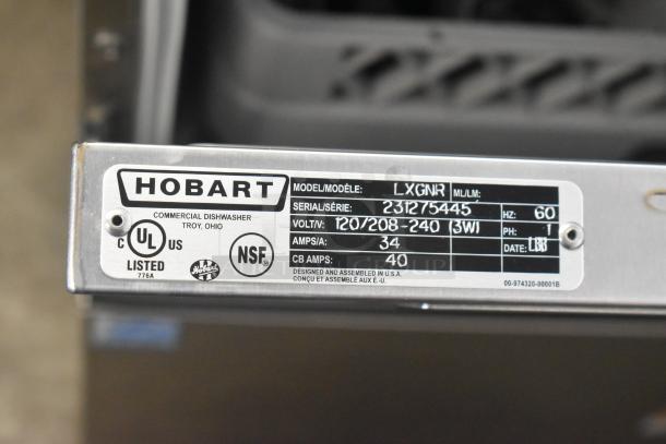 Hobart LXGNR Advansys stainless steel glass washer, high-temp, model details, serial 2312/5445, 120/208-240V, UL, NSF listed.