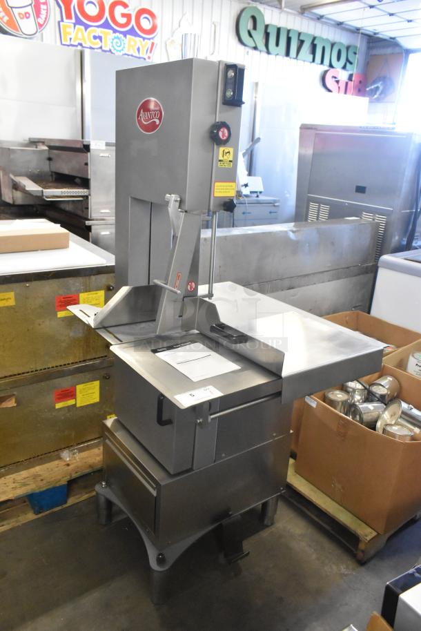 Brand new Avantco 177EMBS94SS stainless steel 94" vertical band meat saw, 3 hp, 220/240 volts, 3-phase.