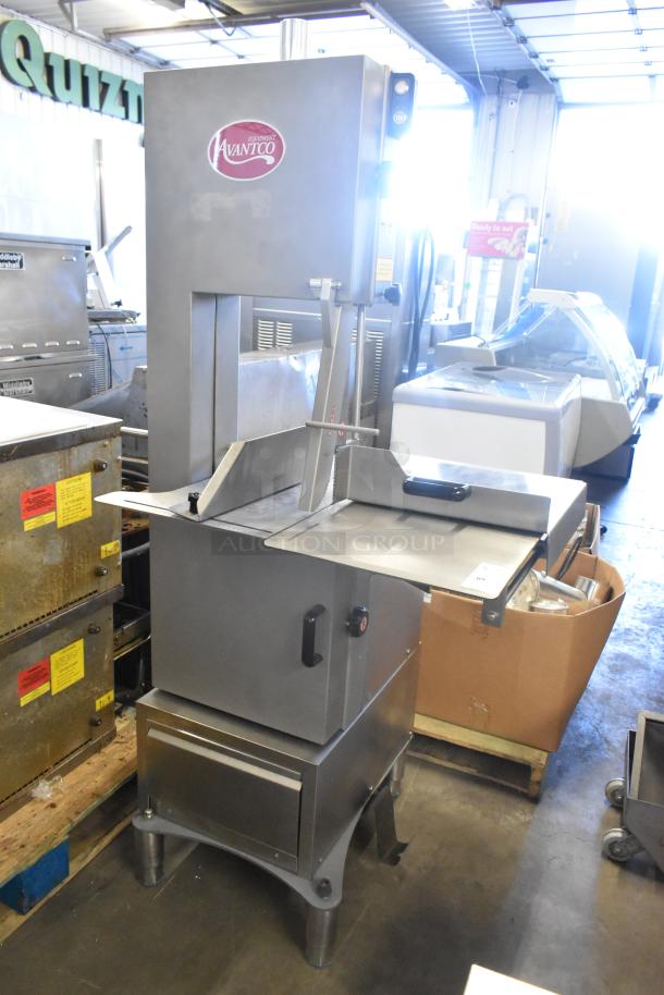 Brand new Avantco 177EMBS94SS stainless steel vertical band meat saw, 94" blade, 3 hp, 220/240V, 3 phase, in warehouse setting.