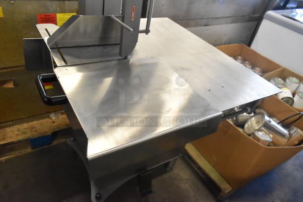 Brand new scratch and dent Avantco 177EMBS94SS stainless steel commercial meat saw, 94" blade, 3 hp, 220/240V, 3 phase.
