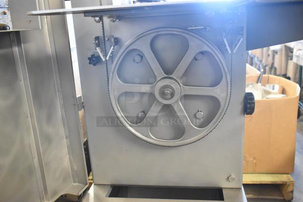 Brand new Avantco 177EMBS94SS stainless steel 94" band meat saw, slight cosmetic dents, 3 hp, 220/240V, 3-phase.
