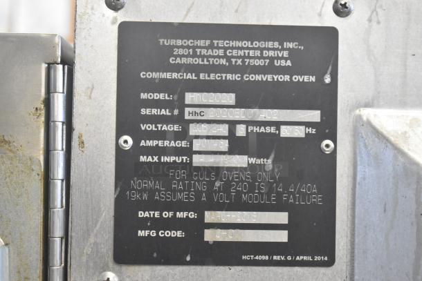 2018 Turbochef HhC2020 stainless steel commercial conveyor oven, 208/240V, 3-phase, model and serial number label shown.