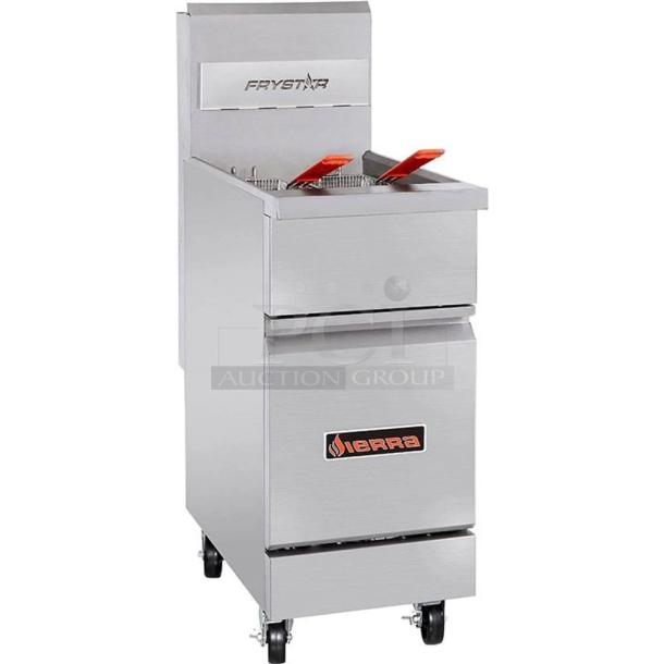 Brand new Sierra FRYSTAR400 stainless steel commercial deep fat fryer, 2022 model, natural gas, minor dents visible.