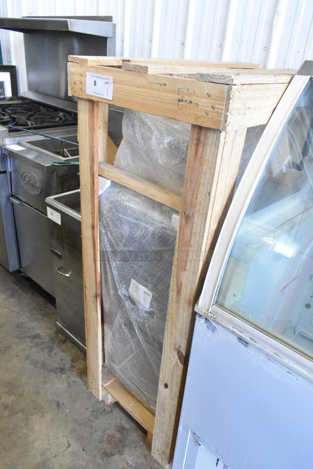 Brand new 2022 Sierra FRYSTAR400 stainless steel commercial deep fat fryer in packaging, minor scratches, natural gas-powered.