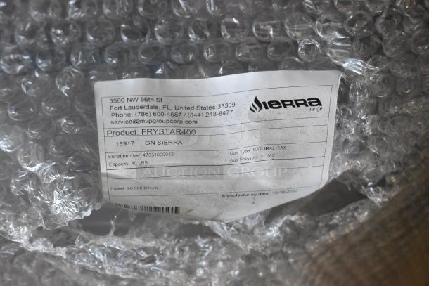 Brand new Sierra FRYSTAR400 deep fat fryer label, stainless steel, natural gas, 40 lbs capacity, 90,000 BTU/hr.