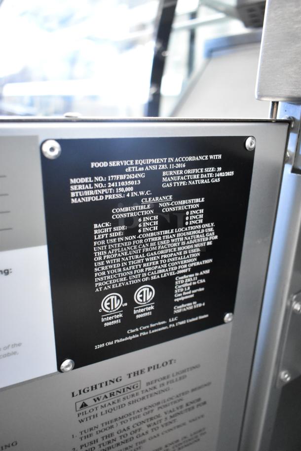Stainless steel 2025 Avantco 177FBF2624NG natural gas fryer label, showing model, serial number, and specifications.