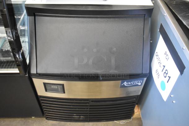 Brand new Avantco 194UCF280A stainless steel undercounter ice machine, 299 lb. capacity, 115 volts, minor dents, model label visible.