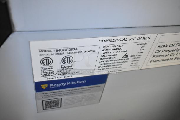 BRAND NEW Avantco 194UCF280A Ice Machine label showing 115V, 1 Phase, 299 lb capacity. Made in China. Serial 194UCF280A-25060094.