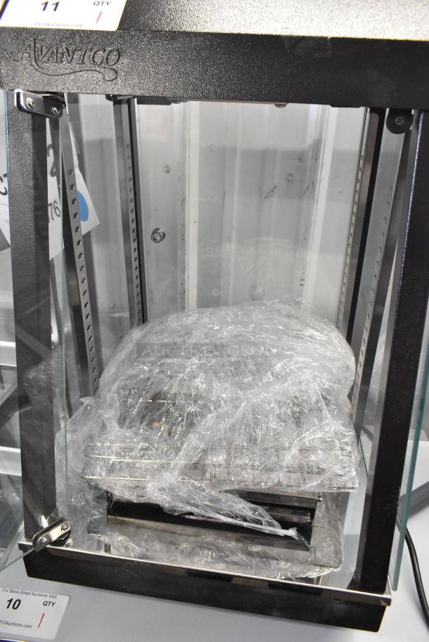 Brand new Avantco 177HDC13 heated display case, 15" metal, 3 shelves, self/full service, hinged doors, 120V, wrapped in plastic.